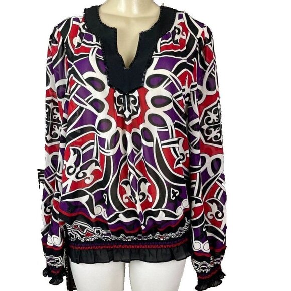 Nicole Miller L Black Geometric Print Beaded Neck Shirred Hem Long Sleeve Blouse - Picture 2 of 5